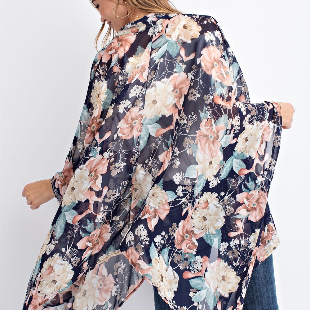 Navy floral kimono style cardigan - Picture 4 of 7